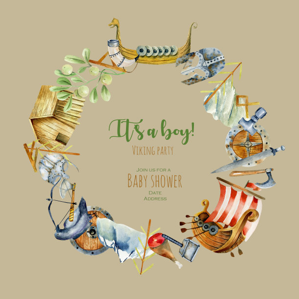 花环与水彩元素海盗文化，手绘插图，婴儿淋浴设计卡，白色背景图片下载