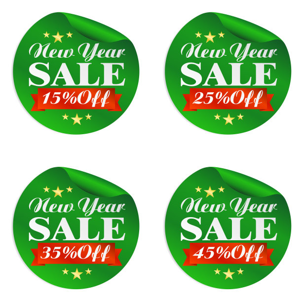 新春促销绿色贴纸设15%、25%、35%、45%优惠图片下载