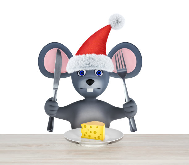 2020年新年贺卡可爱的老鼠和奶酪孤立在白色。动物野生动物假日卡通人物。3 d渲染。图片下载