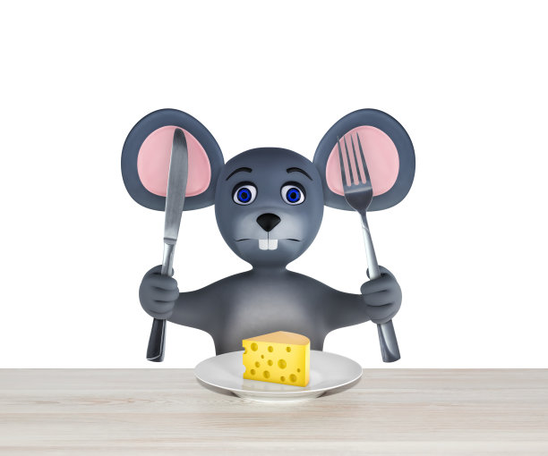 2020年新年贺卡可爱的老鼠和奶酪孤立在白色。动物野生动物假日卡通人物。3 d渲染。图片下载