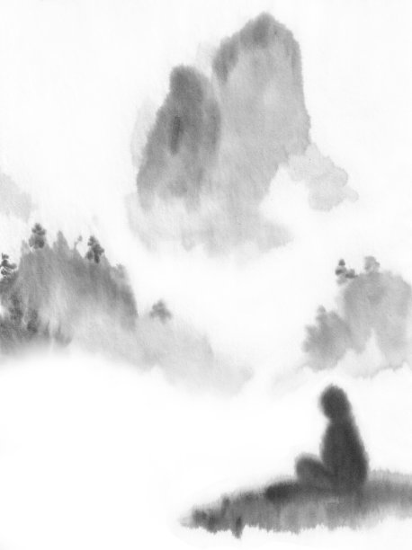 山里的冥想者。荷花姿势的人。墨水的图形。中式，日式，东方风格。Gohua, sumi，禅，冥想，自然健康。图片下载