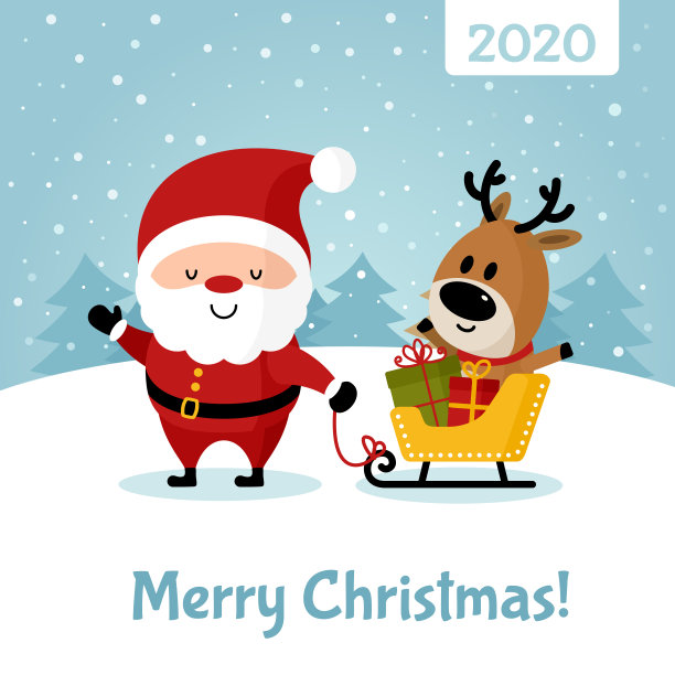 圣诞老人带着鹿和礼物坐着雪橇图片下载