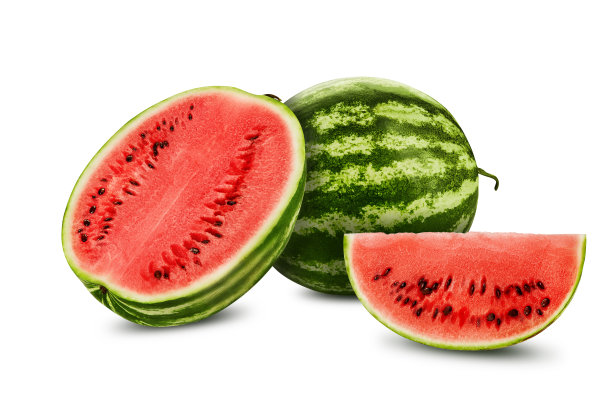 绿色，条纹西瓜孤立在白色与文本，图像的复制空间。横截面。浆果，粉红果肉，黑色种子。侧视图。特写镜头图片下载
