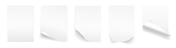 空白A4纸，带有卷曲的角和阴影，为您的设计模板。集。矢量图图片下载