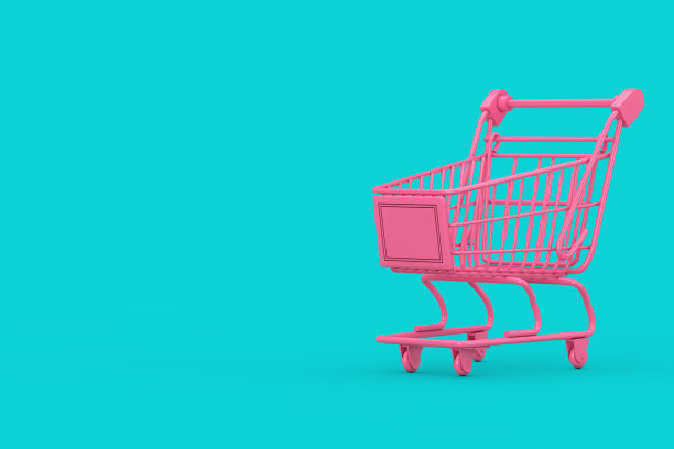 粉色购物车手推车模拟双色调。3d渲染图片下载