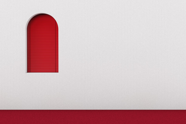 红色的窗户与百叶窗的房间与红地毯和白墙。3d渲染图片下载