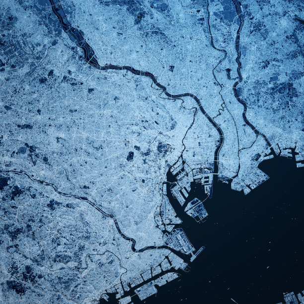 东京日本3D渲染地图蓝色顶视图2019年2月图片下载