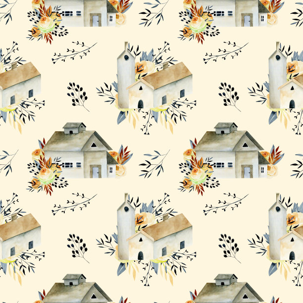 无缝水彩画的房子和教堂与花卉元素，手绘在一个温柔的粉红色背景图片下载