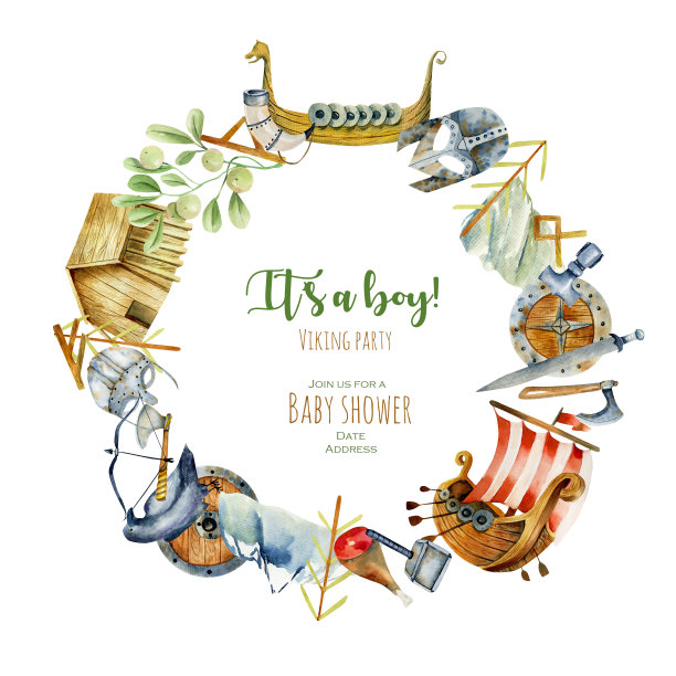 花环与水彩元素海盗文化，手绘插图，婴儿淋浴设计卡，白色背景图片下载