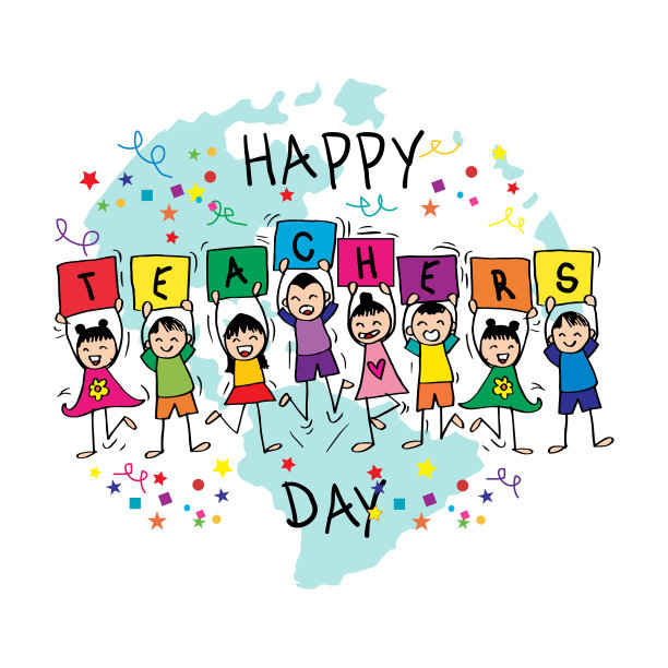 祝拿着海报的孩子们教师节快乐。素材图片