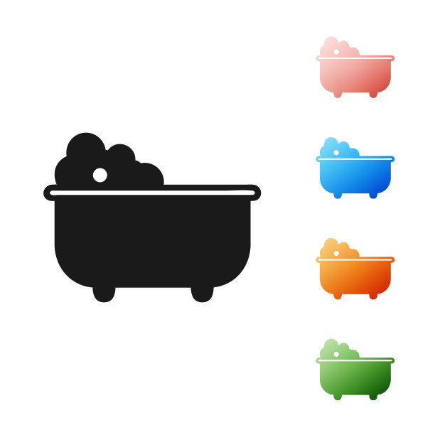 黑色婴儿浴缸与泡沫内的图标隔离在白色背景。设置图标丰富多彩。矢量图图片下载