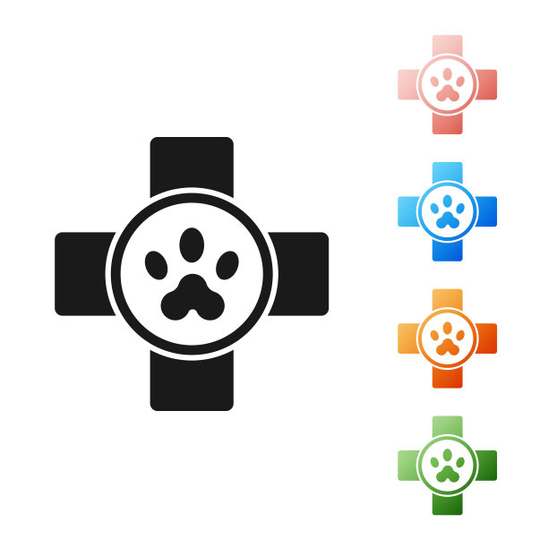 黑色兽医诊所标志图标孤立在白色背景。十字医院的迹象。程式化的爪印狗或猫。宠物急救标志。设置图标丰富多彩。矢量图图片下载