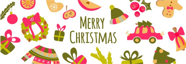 矢量横幅与卡通圣诞和新年设计圣诞花环，礼物，铃铛，圣诞树，毛衣，冬青枝，橘子，姜饼人。矢量插图的旗帜，卡片，封面，书签。图片下载