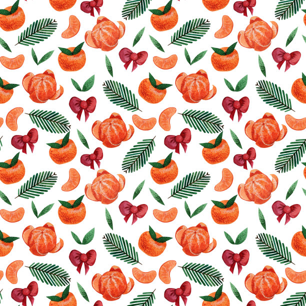 无缝图案与橘子和红色蝴蝶结在一个白色的背景。手绘水彩橘子，圣诞树树枝，包装纸和贺卡的蝴蝶结。图片下载
