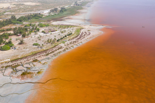 鸟瞰图的粉色湖Retba或Lac玫瑰在塞内加尔。无人机从上面拍摄的照片。非洲的自然景观。图片下载