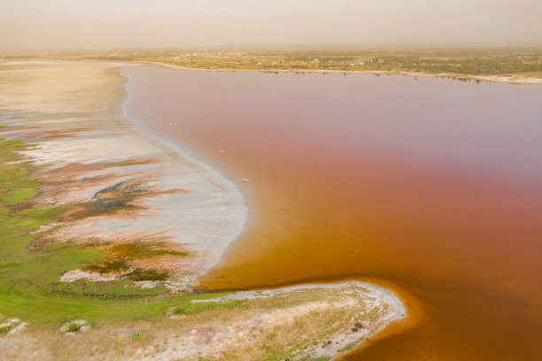 鸟瞰图的粉色湖Retba或Lac玫瑰在塞内加尔。无人机从上面拍摄的照片。非洲的自然景观。图片下载