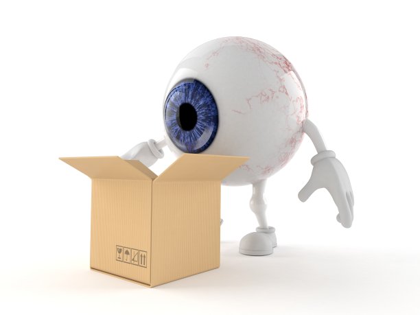 眼球人物与打开的纸板箱图片下载