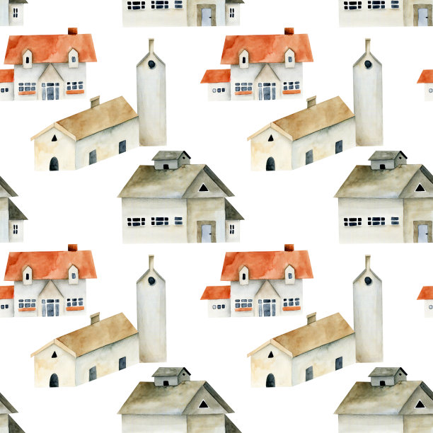 无缝图案的水彩欧洲古代房屋，手绘在一个白色的背景图片下载