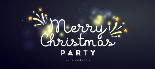 圣诞快乐派对横幅与文字，闪闪发光，闪闪发光的装饰在一个黑暗的背景。图片下载