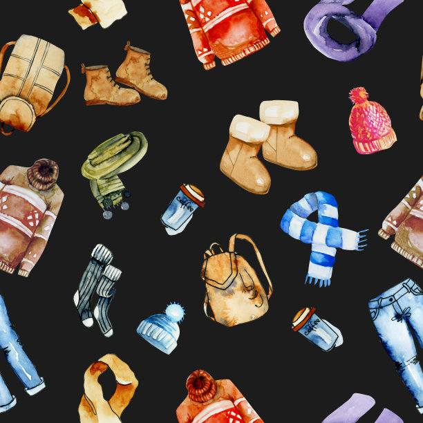 无缝图案与水彩冬装，手绘在一个黑暗的背景图片下载