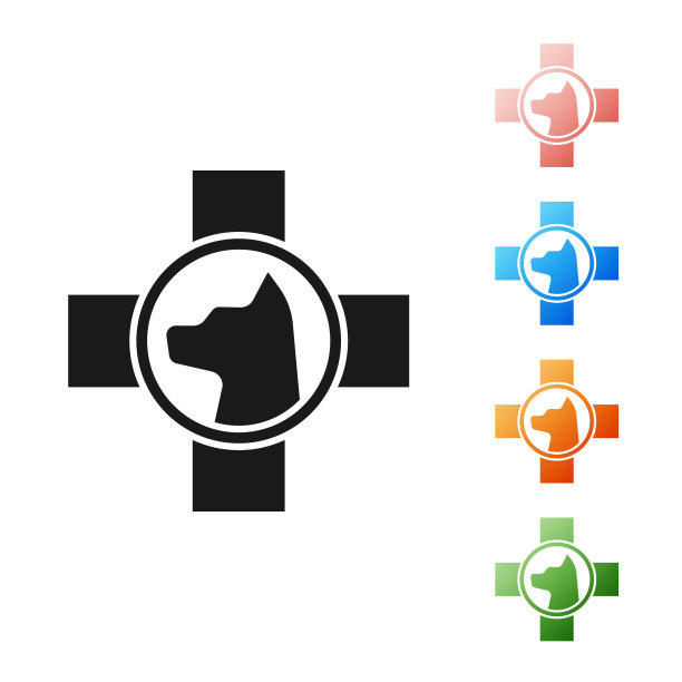 黑色兽医诊所标志图标孤立在白色背景。交叉与狗兽医照顾。宠物急救标志。设置图标丰富多彩。矢量图图片下载