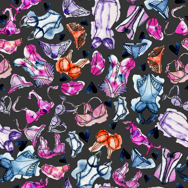 无缝模式与水彩内衣，手绘在一个黑暗的背景图片下载