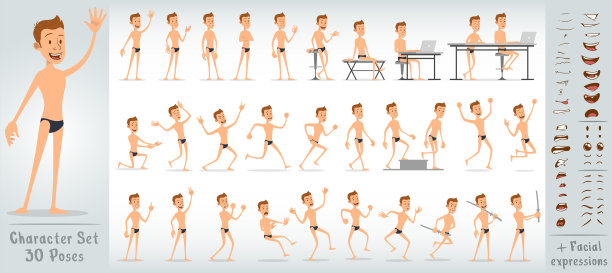 卡通平面游泳男孩人物大向量集图片下载