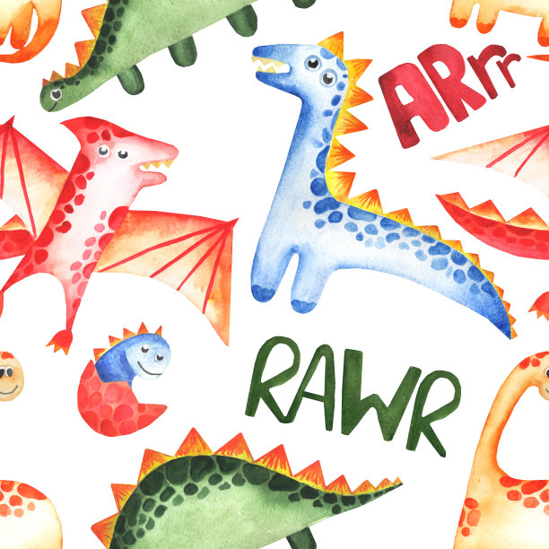 幼稚的手绘水彩图案与可爱的恐龙。图片下载