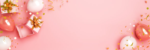 新年快乐设计创意概念，气球，礼盒，粉红色背景上闪闪发光的五彩纸屑。复制空格文字区，平铺。图片下载