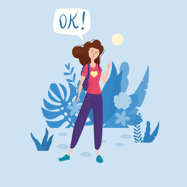 拇指向上的快乐少女。学生用背包泡好了。矢量时尚平面卡通风格，插画。花的背景图片下载