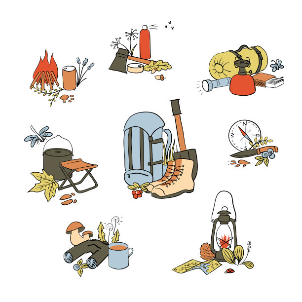 野营组模板。徒步图标彩色素描风格集。副本的空间。矢量图图片下载