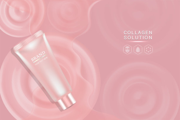 美容产品广告设计，粉色化妆品容器与胶原蛋白溶液广告背景准备使用，奢侈护肤横幅，插图向量。图片下载