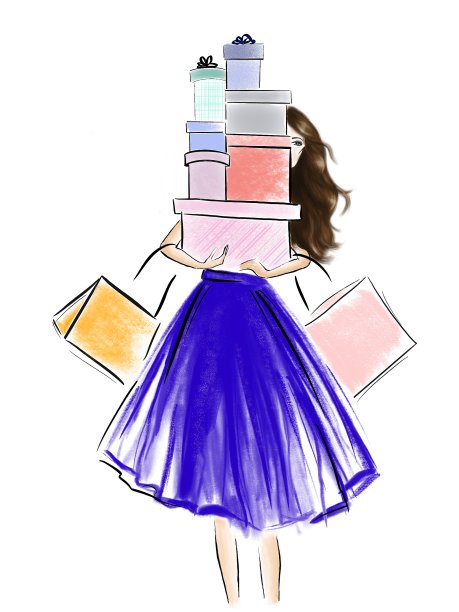 时尚插图购物女孩与购买在盒子图片下载