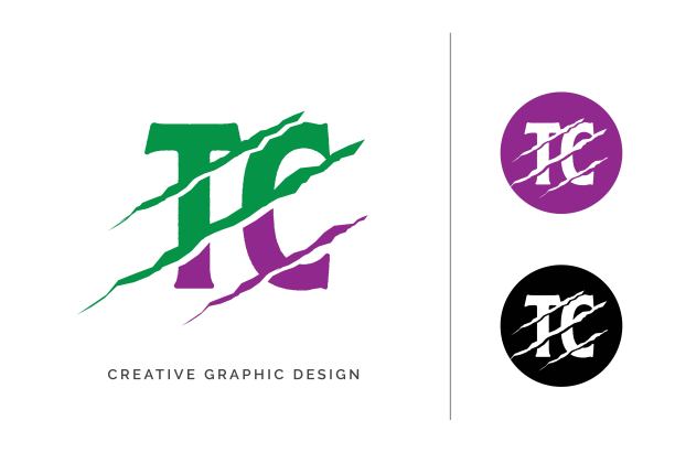 绿紫色刮花TC字母模板logo设计与圆形图标图片下载