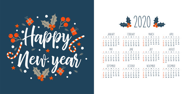 2020年日历。新年快乐。可爱的圣诞花环。矢量插图。素材图片