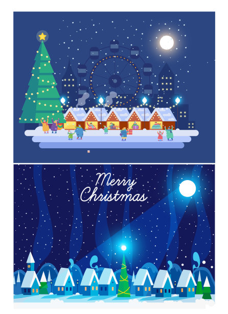 圣诞市场和节日集市。雪夜在舒适的城镇城市全景。图片下载