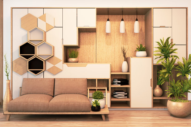 现代衣柜木制日式风格和沙发扶手椅木制空房间最小的室内。三维渲染图片下载