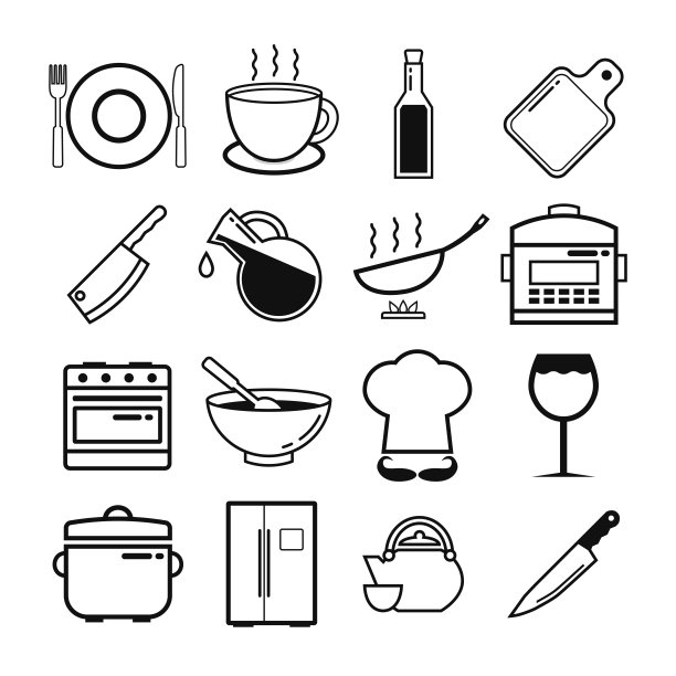 烹饪厨房用具线性设计图标合集扁平矢量插画图片下载
