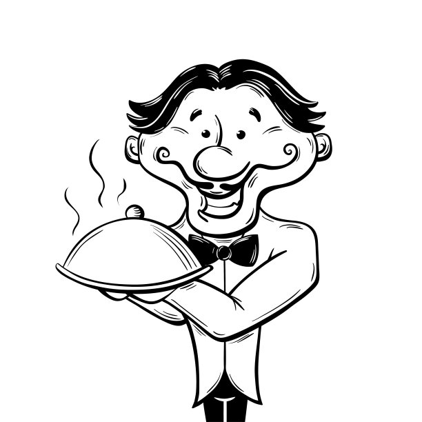 微笑的侍者端着一个盛有热菜的盘子。卡通黑白插图上的白色背景，斑点和轮廓，手绘风格图片下载