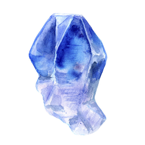 水彩未经处理的珍贵水晶，装饰彩色宝石，蓝色蓝宝石孤立在白色背景，天然金块，手绘插图设计时尚广告图片下载