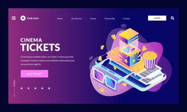 影院网上订票。电影售票处，3d眼镜，渐变背景爆米花。向量等距插图图片下载