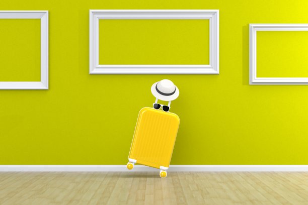 现代黄色箱包与太阳眼镜，帽子和画框在绿色背景。旅行的概念。假期旅行。副本的空间。最小的风格。3 d渲染图图片下载