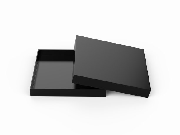 黑色纸板包装盒，薄包装盒模拟模板上隔离白色背景。三维演示图片下载