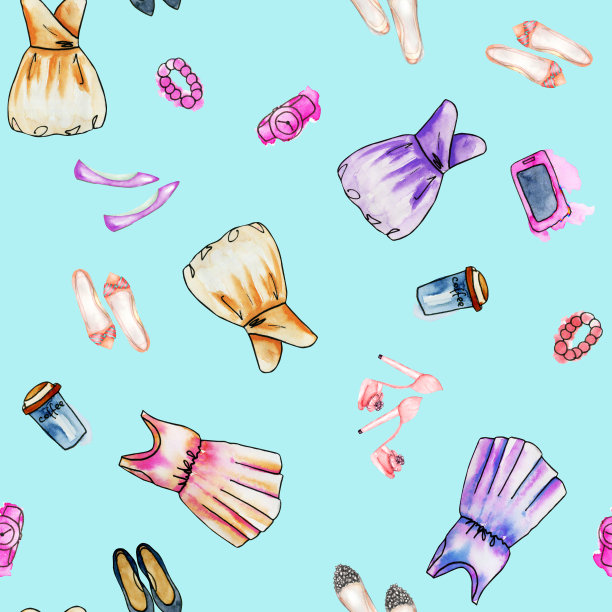 无缝模式与水彩女装和配件，手绘在一个蓝色的背景图片下载