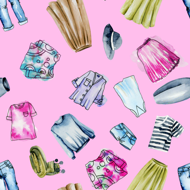 无缝模式与水彩女装，手绘在一个粉红色的背景图片下载