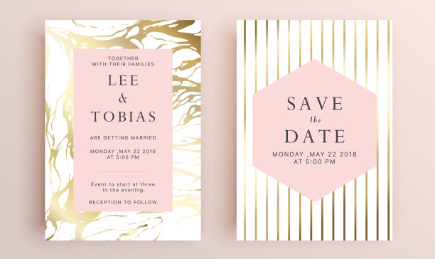 美丽的一套婚礼卡片模板。黄金几何多面体收藏，艺术装饰风格的婚礼请柬，豪华模板，装饰图案。图片下载