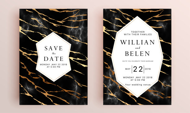 美丽的一套婚礼卡片模板。黄金几何多面体收藏，艺术装饰风格的婚礼请柬，豪华模板，装饰图案。图片下载