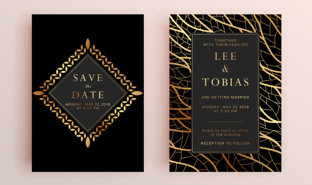 美丽的一套婚礼卡片模板。黄金几何多面体收藏，艺术装饰风格的婚礼请柬，豪华模板，装饰图案。图片下载
