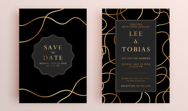 美丽的一套婚礼卡片模板。黄金几何多面体收藏，艺术装饰风格的婚礼请柬，豪华模板，装饰图案。图片下载