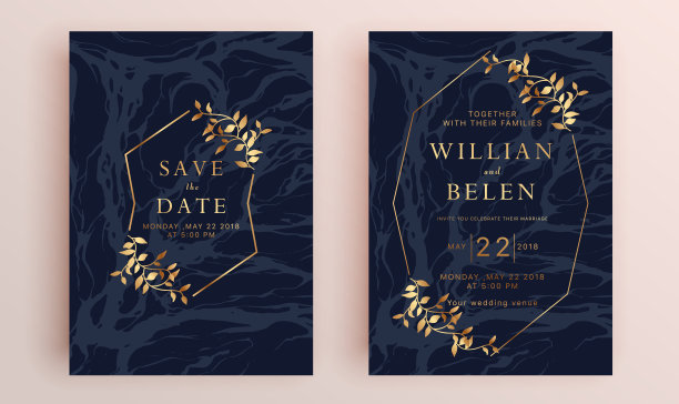 美丽的一套婚礼卡片模板。黄金几何多面体收藏，艺术装饰风格的婚礼请柬，豪华模板，装饰图案。图片下载